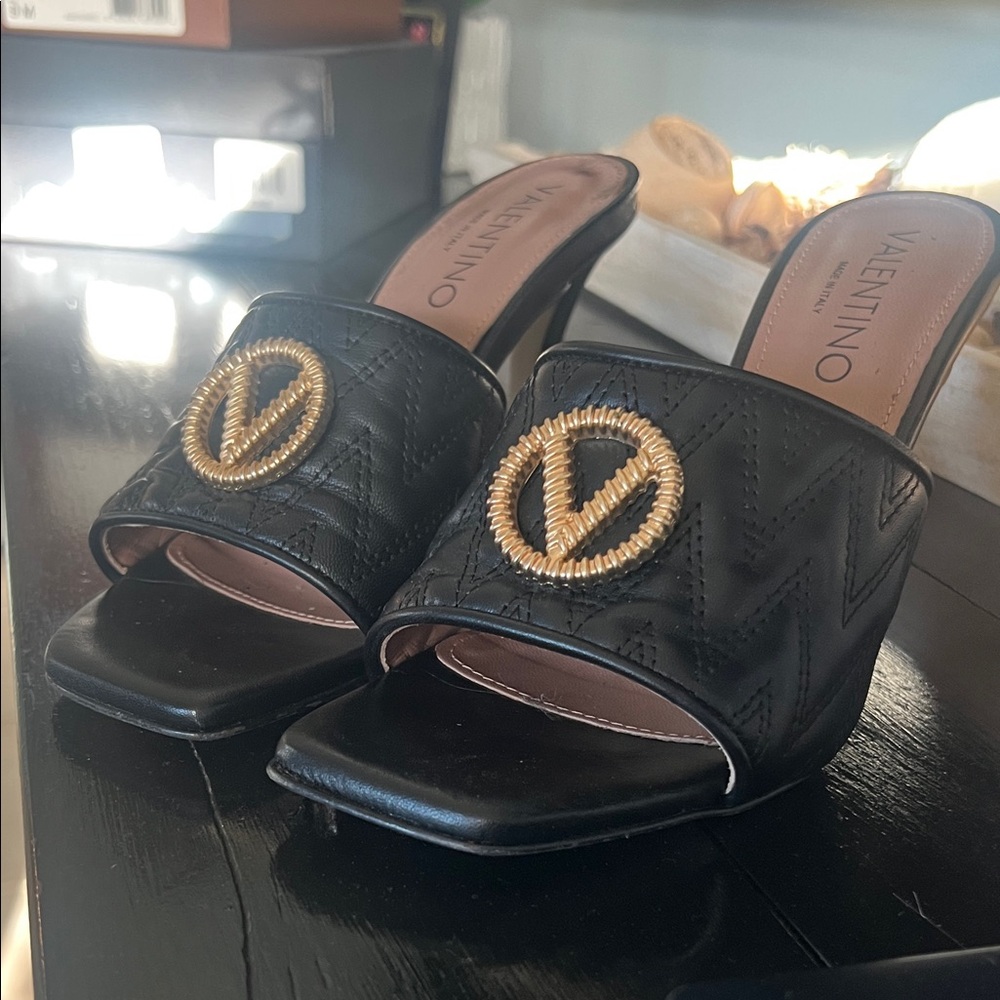 Valentino Black Mules with Gold Emblem With Box